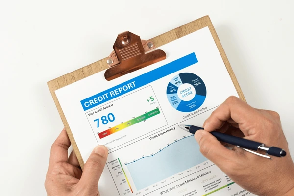 Hands holding a wooden clipboard with credit report showing score of 780, pie chart, and credit history graphs, pen in hand ready to review.