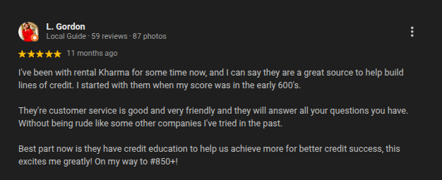 A 5-star customer review praising Rental Kharma.