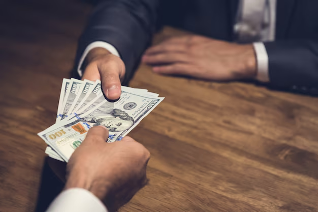 Hand passing hundred-dollar bills to a businessman in a suit across a wooden table.